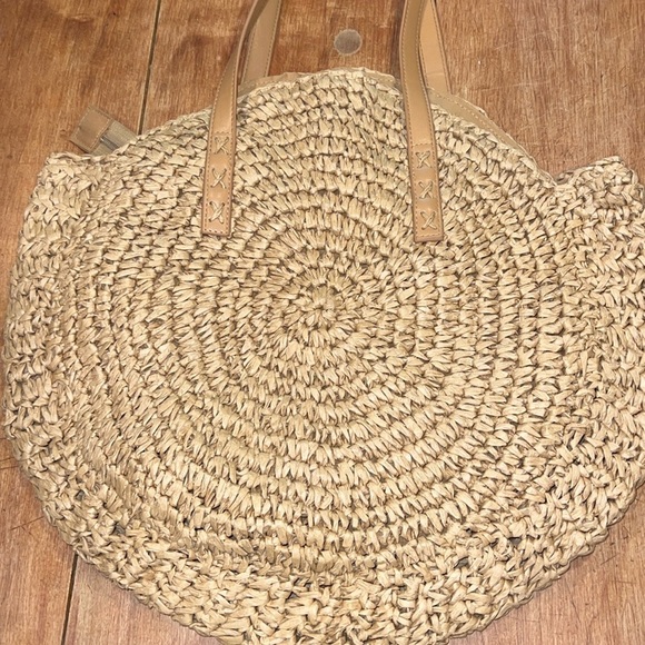 Woven Straw and Faux Leather Handbag - Picture 1 of 5